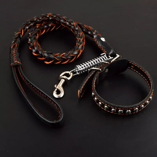 Pet Leather Dog Collar Leash For Large Dog Leather Dog Traction Drag Tow Rope Chain Pet Dog Supplies Accessories Prevent Runaway