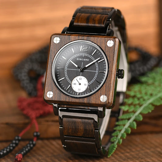 Luxury Wood Watch Men Square Wristwatch Japanese Seiko Movement