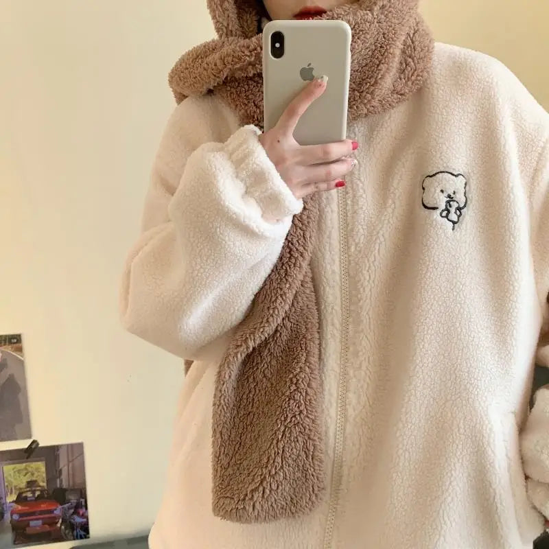 Winter Letter Pink Zipper coat Lamb Wool Keep Warm Mid-length Women Sweatshirt