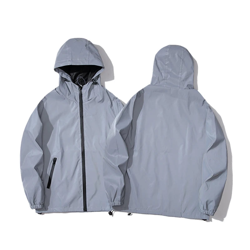 New Night Reflective Jackets Double Fabric Windbreaker Hooded Jacket Waterproof Zipper Coats Outwear