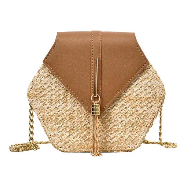 Hexagon Mulit Style Straw+leather Handbag Women Summer Rattan Bag Handmade Woven Beach Circle Bohemia Shoulder Bag - Hiron Store