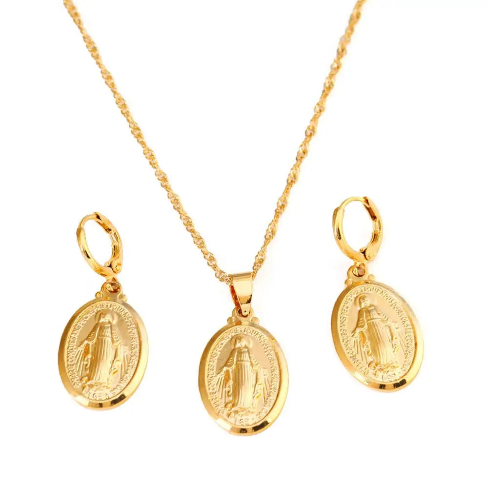 Gold Color Virgin Mary Jewelry Set Trendy Our Lady Women Men Pendant Necklaces