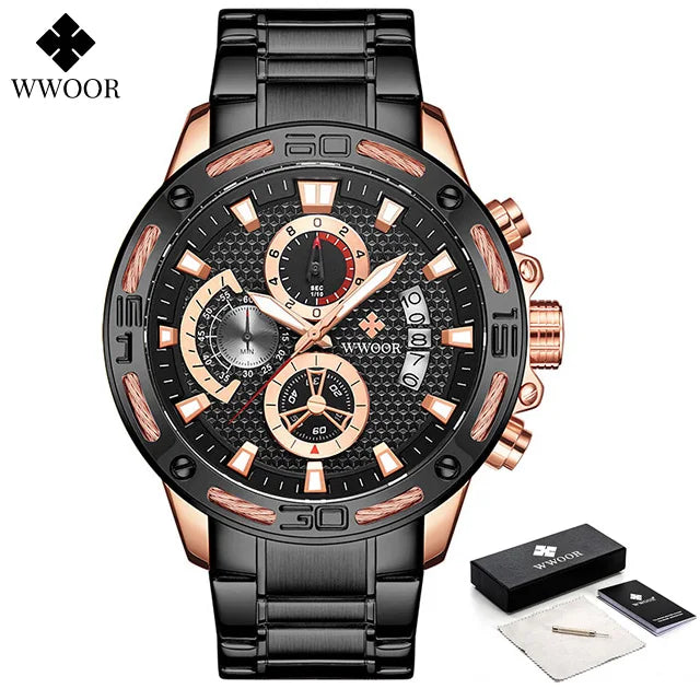 WWOOR Mens Watches Luxury Gold Stainless Steel Quartz Watch Men Waterproof