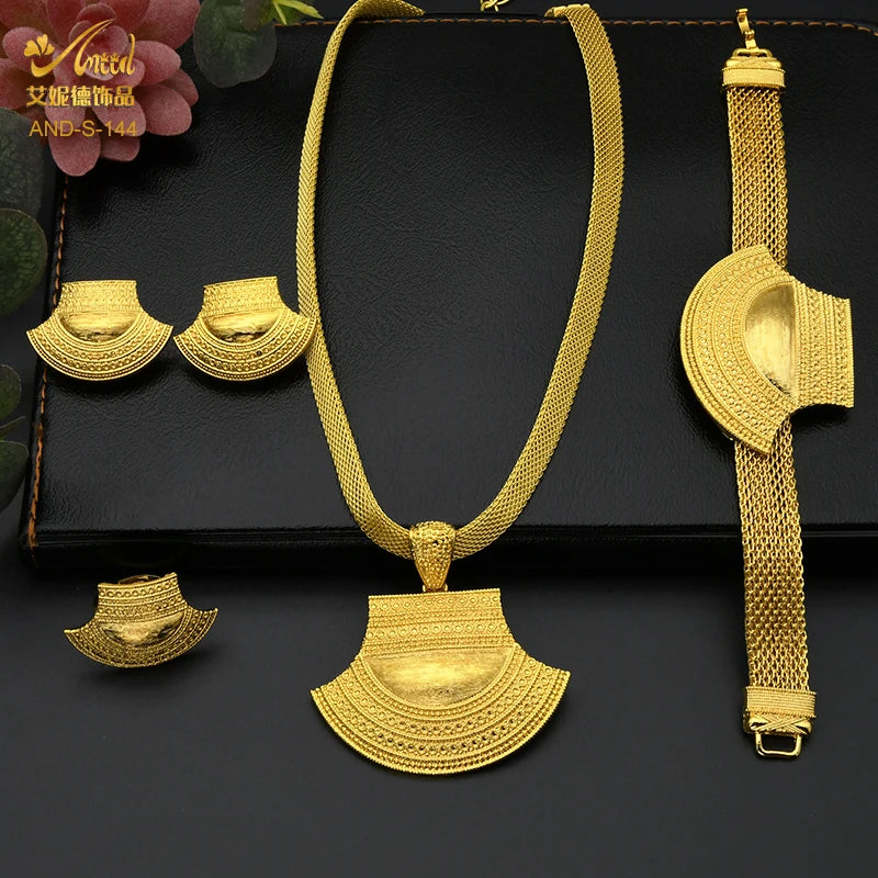 ANIID Dubai 24K Gold Color Jewelry Set For Women African Nigerian Necklace Set Earrings And Bracelets Bridal Indian Fashion