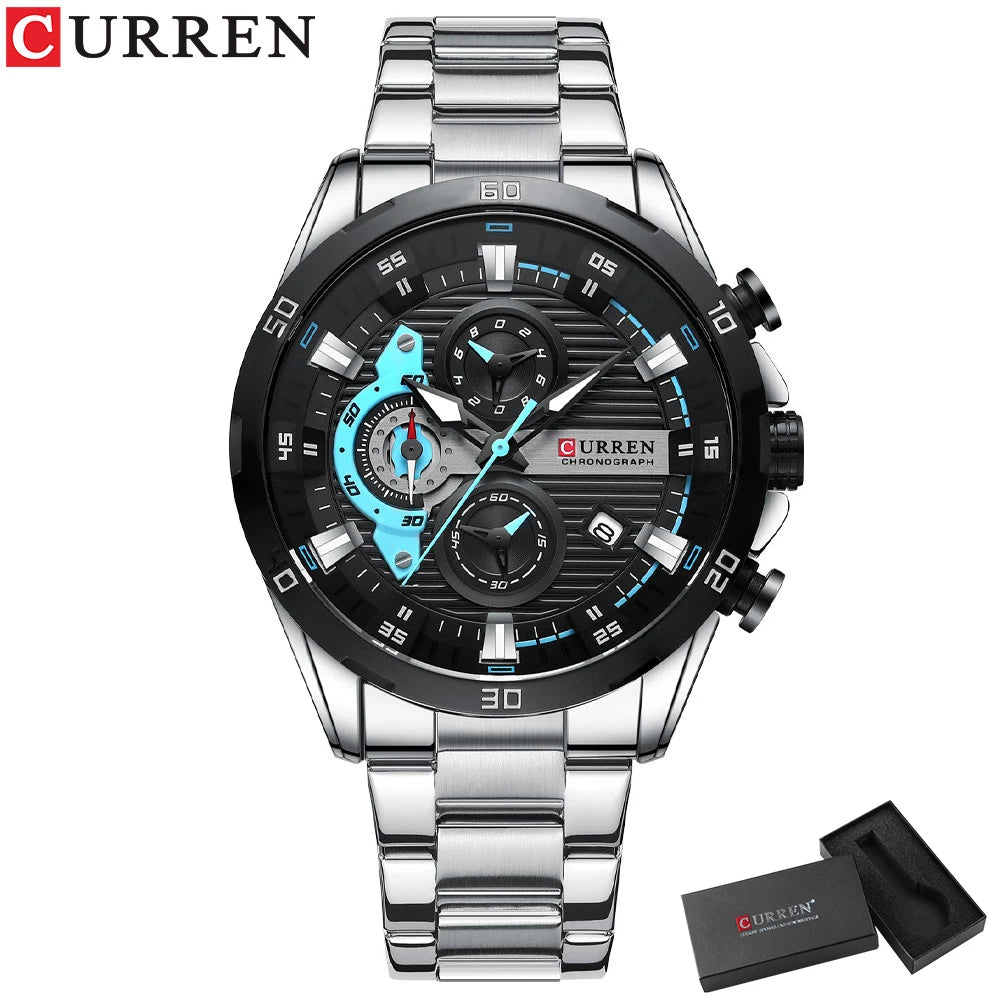 Waterproof Sport Quartz Chronograph Wristwatch Luxury Stainless Steel Clock