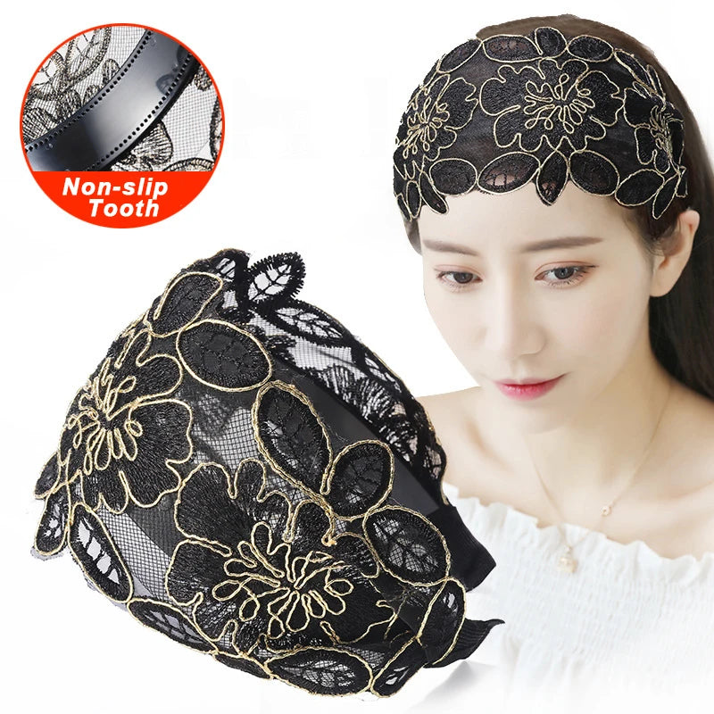 Lace Flowers Headband Women Hair Hoop belt Toothed Non-Slip Elastic Hairband Hair Accessories Hair belts