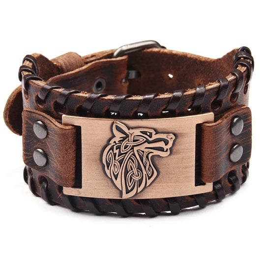 Vintage Viking Leather Braided Bracelet for Men Celtic Wolf Head Bracelets Classic Animal Motifs Jewellery On The Hand Accessories