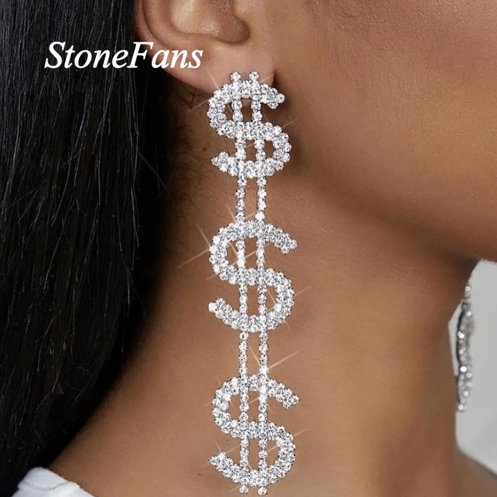 Long Dollar Earring Retro Jewelry Shiny Letter Rhinestone Earrings