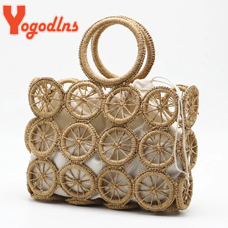 Yogodlns Summer Hollow Out Straw Bag Women Handmade Weave Handle Bag Beach Ladge Capacity Handbag Casual Rattan Lady Beach Bag - Hiron Store