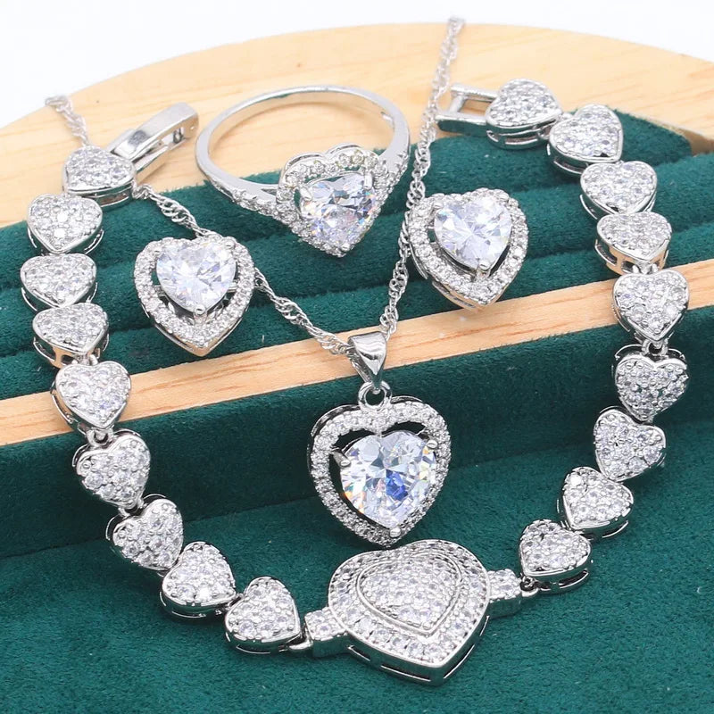 925 Sterling Silver Jewelry Sets For Women Wedding White Zircon Bracelet Pierced Earrings Necklace pendant Ring