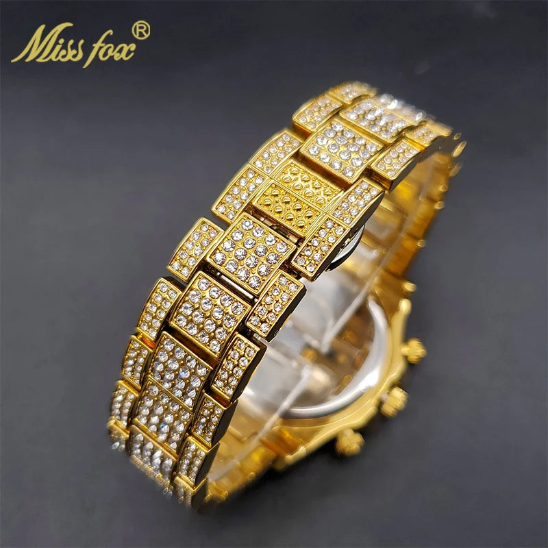 Gold Men Watch With Rainbow Diamond Dial Waterproof Watches