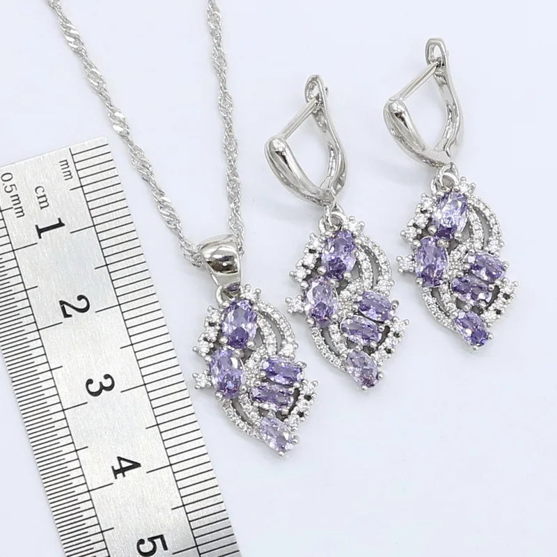 Dubai Jewelry Sets for Women Wedding Purple Amethyst Necklace Pendant Earrings Ring Bracelet Gift Box - Hiron Store