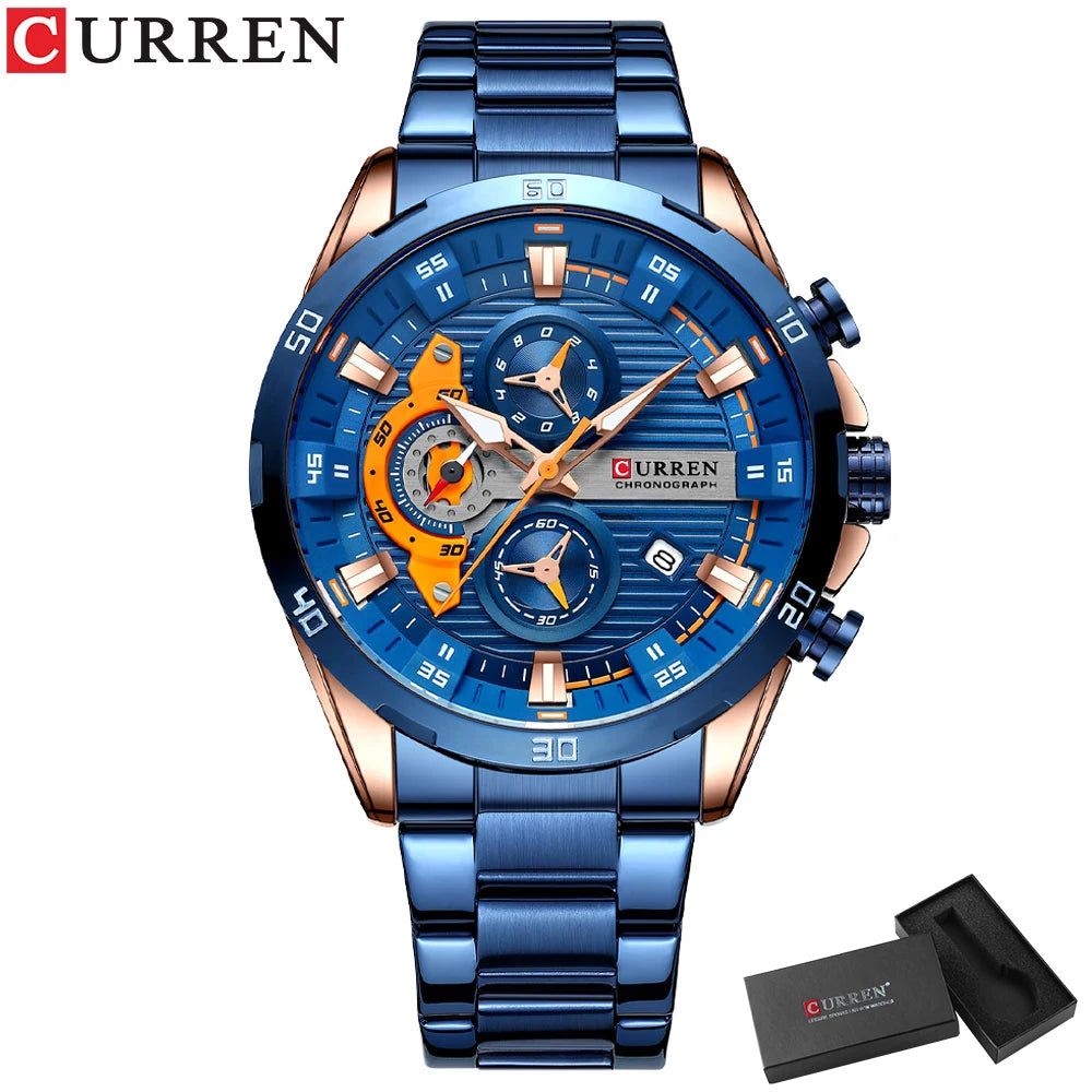 Waterproof Sport Quartz Chronograph Wristwatch Luxury Stainless Steel Clock