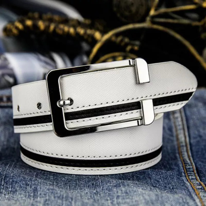 Cowhide Business Belt Men Male Waist Strap Leather Pin Buckle White Genuine Leather Belts