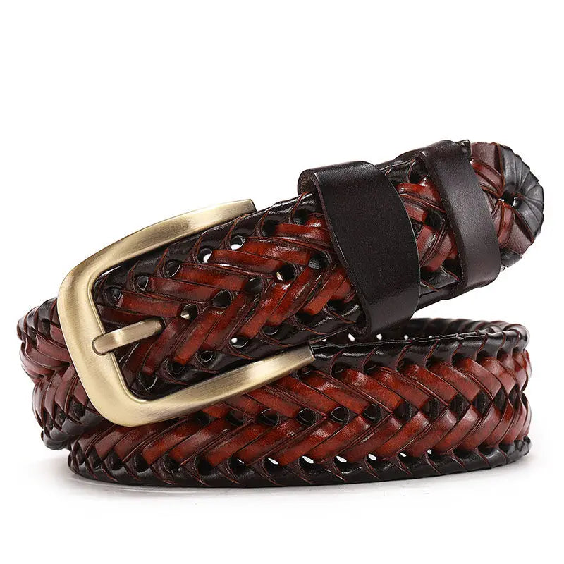 Men Genuine Leather Braided Belts Webbing High Quality Hand Vintage Belts for Men Gold Pin Buckle Casual for Jeans Strap HQ212 - Hiron Store