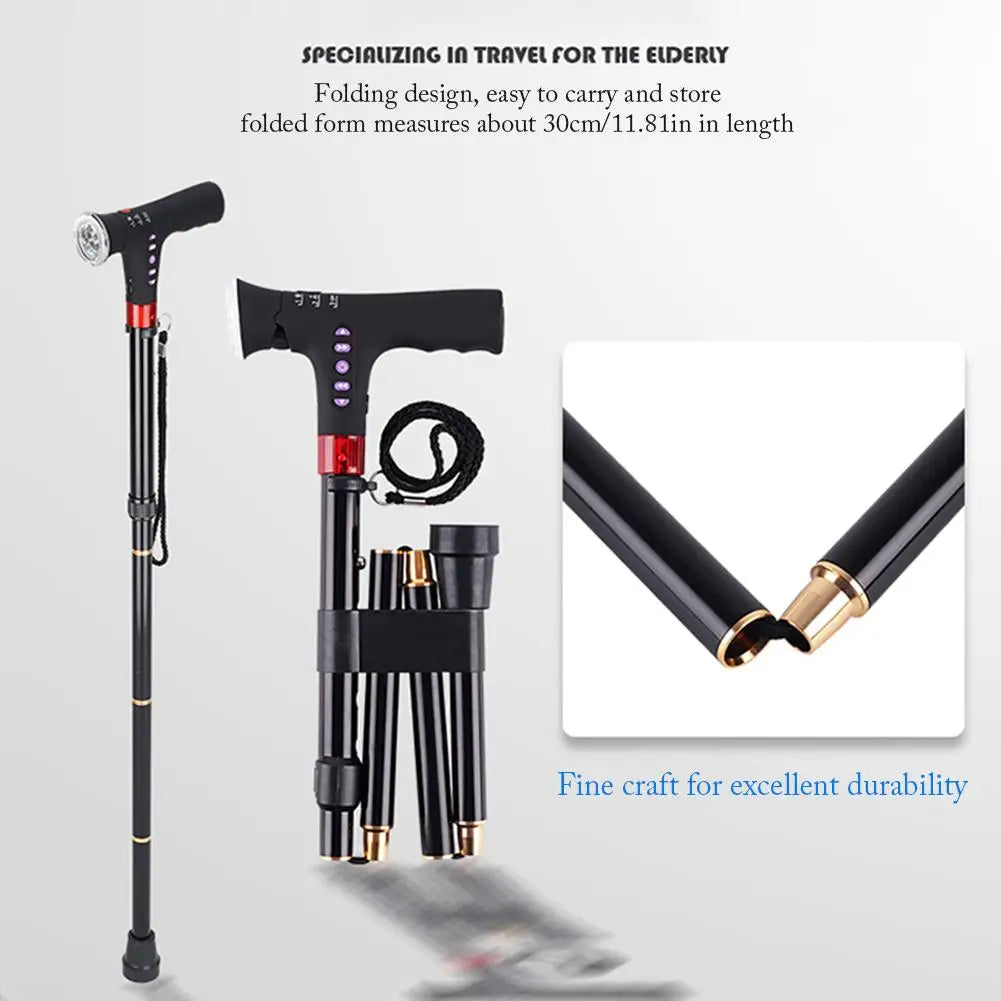 Adjustable Folding Cane With Alarm Led Light Radio And Cushionable T-handle Hiking Poles Cane Walking Stick