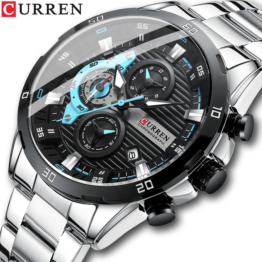 Stainless Steel Watches Luminous Dial with Chronograph Clock Male Wristwatches