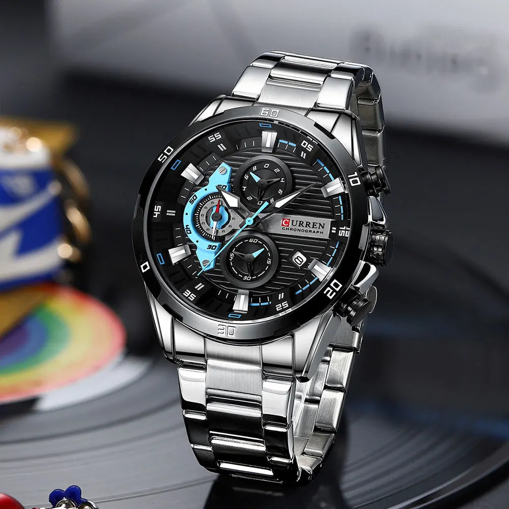 Stainless Steel Watches Luminous Dial with Chronograph Clock Male Wristwatches