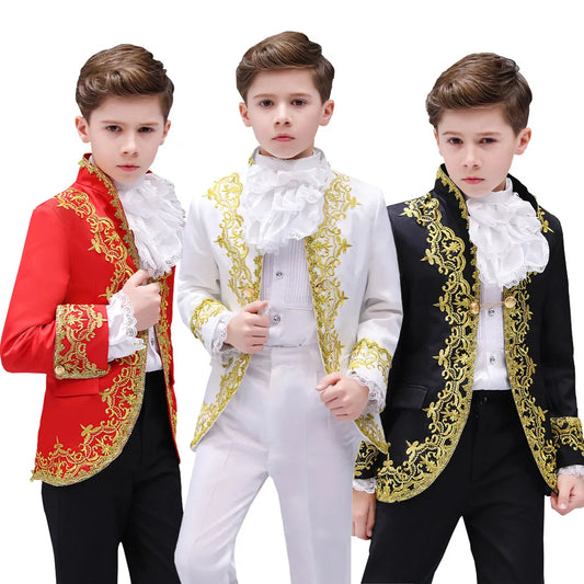 Boys European Style Court Children Golden Flower Stage Prince Clothing Set Kids Blazer Pants