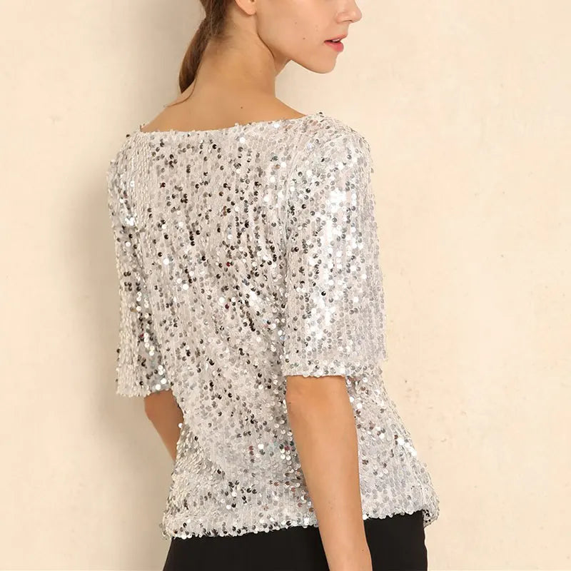 Women Shiny Stretch Tops Female Sequin Embroidery Five-point Sleeve Loose Blouses Streetwear