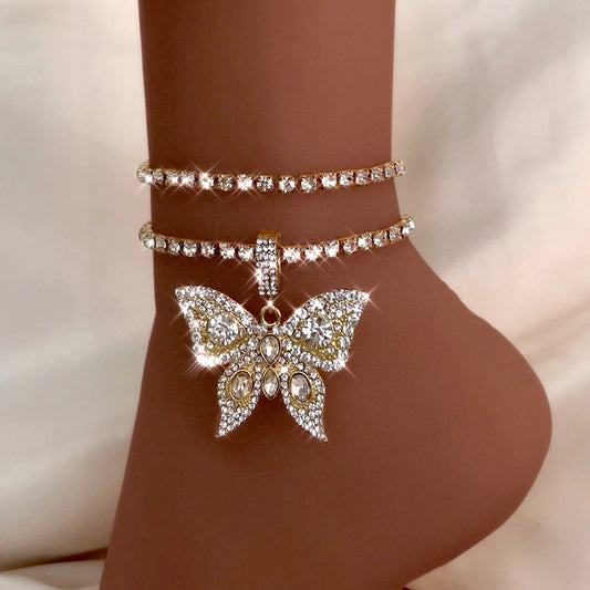 Crystal Butterfly Pendants Anklet Chain Multi-layer Chain Ankles Jewelry