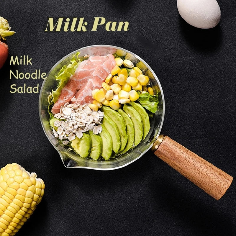 400ml/600ml Glass Milk Pot With Wooden Handle Transparent Cooking Heating Milk Soup Noodle Household Kitchen Cookware Clay Stock