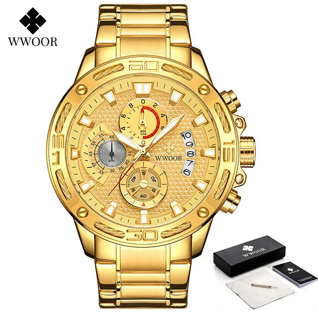 WWOOR Mens Watches Luxury Gold Stainless Steel Quartz Watch Men Waterproof