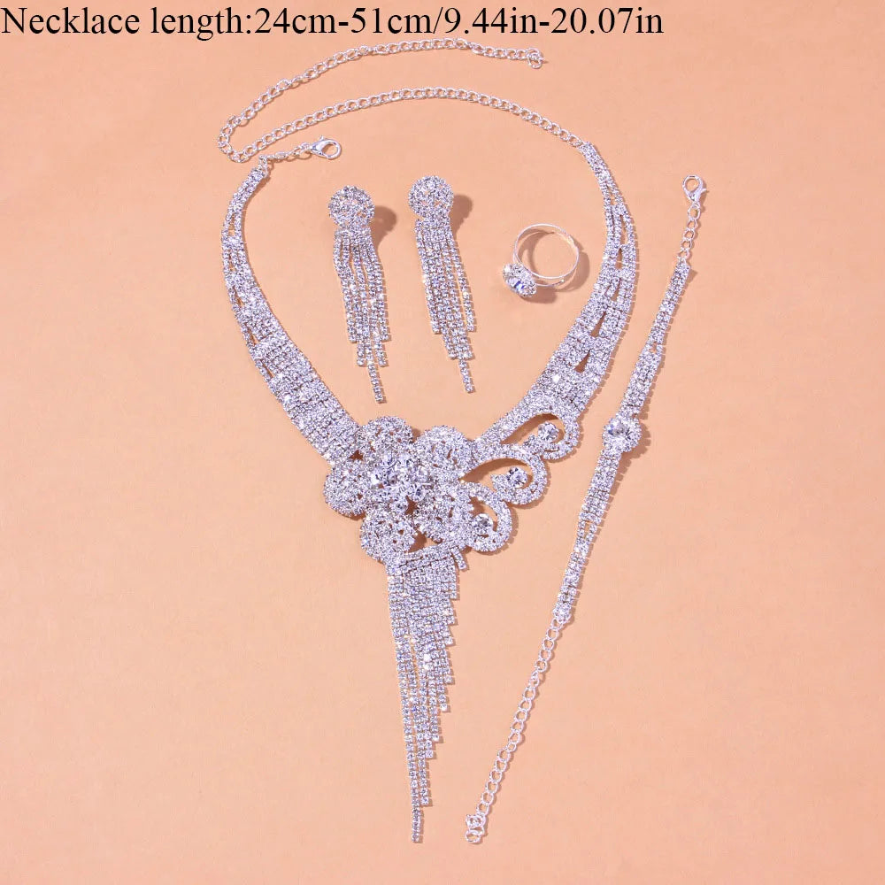 Luxury Tassel Chain Rhinestone Flowers Necklace Sets Crystal African Jewellery Set