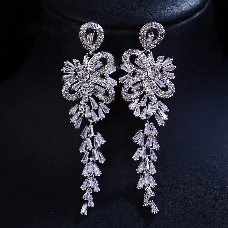 Charm Bridal Jewelry Dangle Wedding Long Earring Drop Cubic Zirconia Earrings