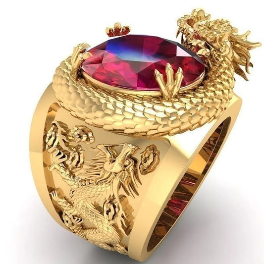 Huitan Luxury Gold Color Dragon Pattern Men Rings Inlaid Big Oval Red Stone Noble Wedding Party Finger Rings Male Trendy Jewelry - Hiron Store
