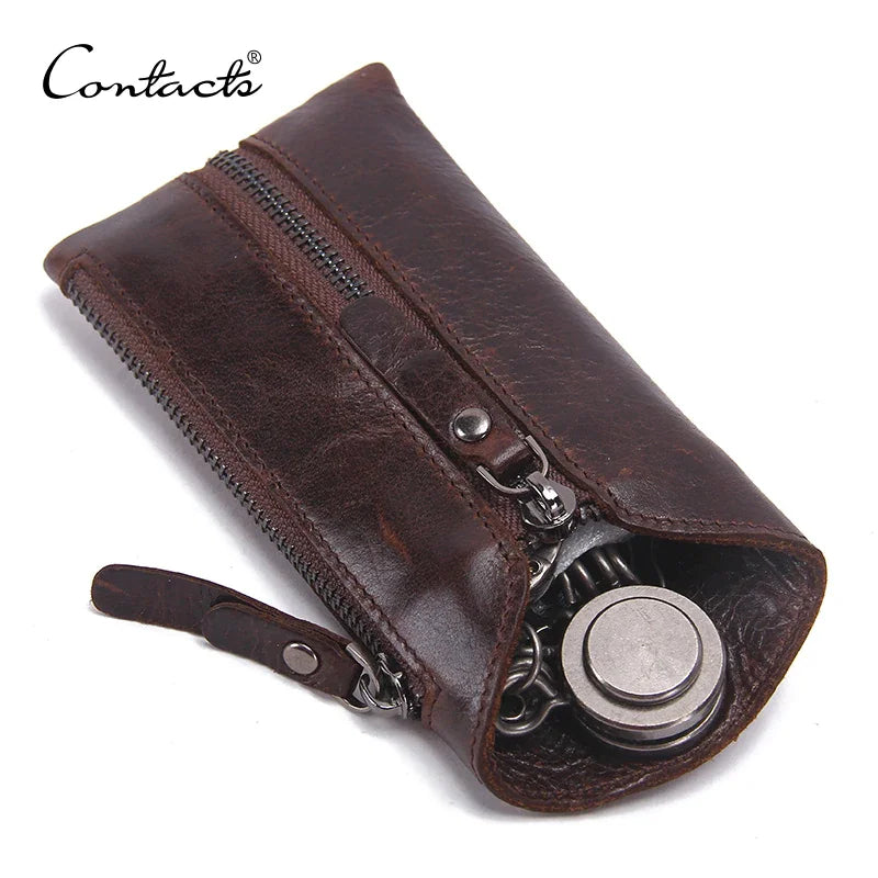 CONTACT'S 100% Genuine Leather Key Wallet Men Car Key Holder Zipper Keys Case Top Quality Man Keys Organizer