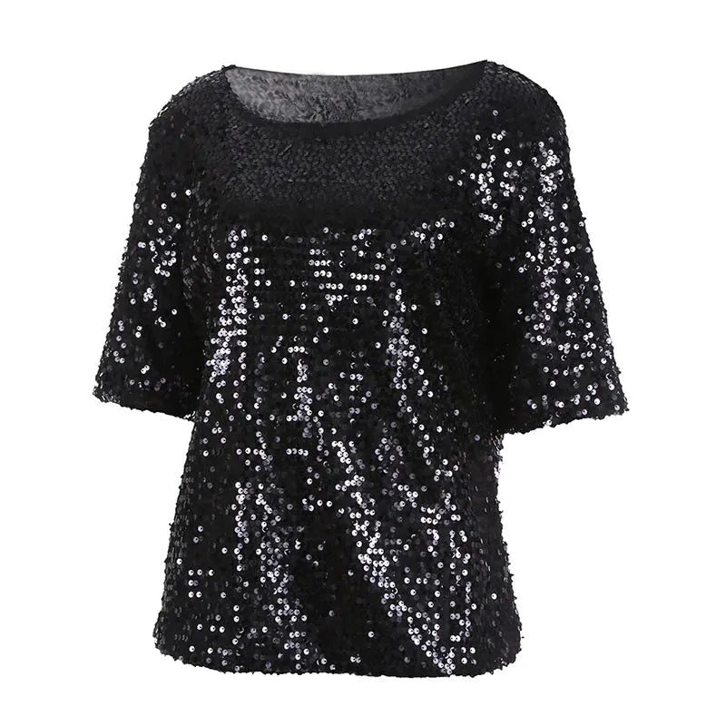 Women Shiny Stretch Tops Female Sequin Embroidery Five-point Sleeve Loose Blouses Streetwear