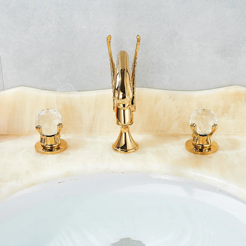 Swan Basin Faucet Golden Deck Mounted 3 Holes Widespread Bathroom Vessel Sink Mixer Tap Dual Crystal Handles Cold Hot Mixer Tap