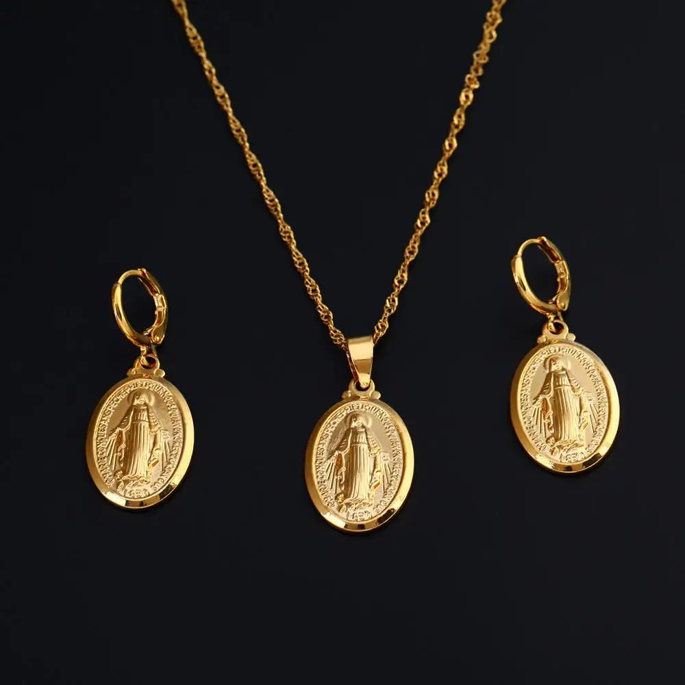 Gold Color Virgin Mary Jewelry Set Trendy Our Lady Women Men Pendant Necklaces