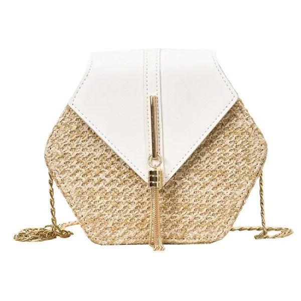 Hexagon Mulit Style Straw+leather Handbag Women Summer Rattan Bag Handmade Woven Beach Circle Bohemia Shoulder Bag - Hiron Store