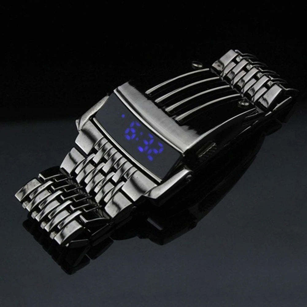 Fashion Blue LED Display Wide Stainless Steel Band Men Digital Wrist Watch Gift