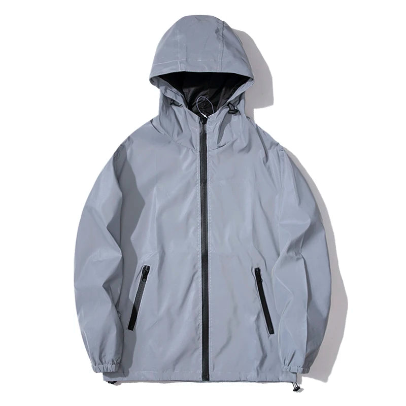 New Night Reflective Jackets Double Fabric Windbreaker Hooded Jacket Waterproof Zipper Coats Outwear