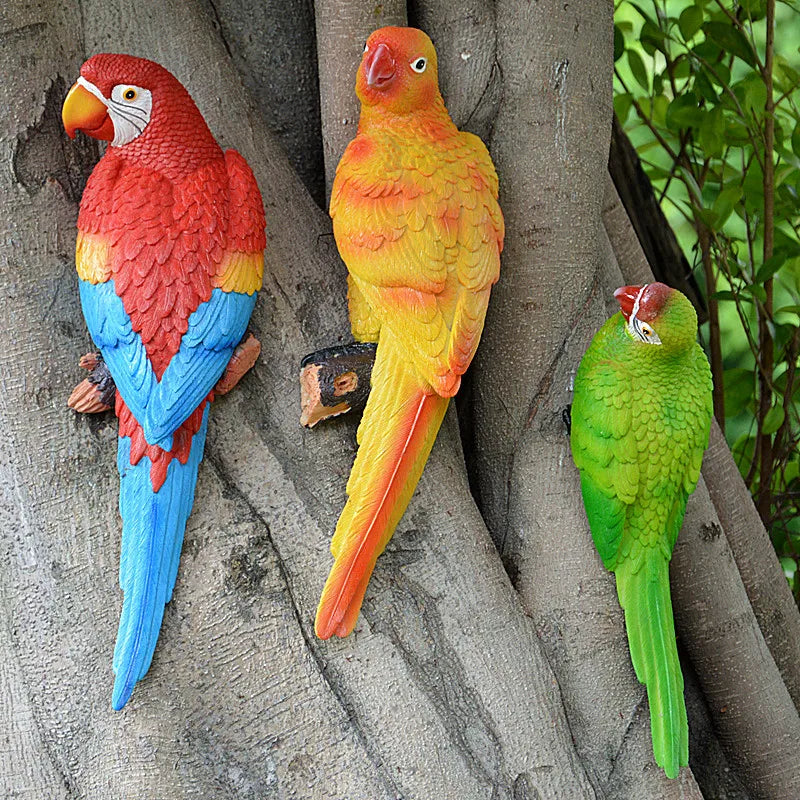 Resin Parrot Statue Wall Mounted DIY Outdoor Garden Tree Decoration Animal Sculpture Decor Ornament