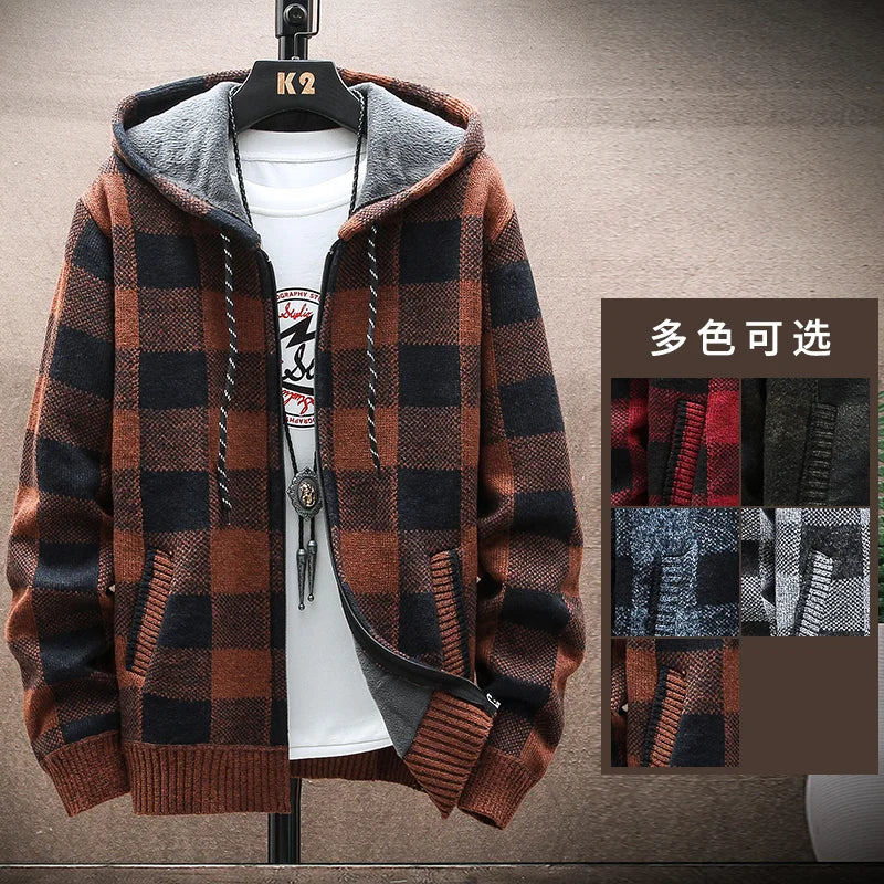 Men's New Winter Plaid Sweater Hooded Cardigan Cold Coat Wool Zipper Jacket Jumper