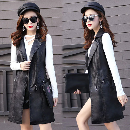 Winter PU Leather Women's Vest Long Trench Coat Sleeveless Waistcoat Faux Jacket