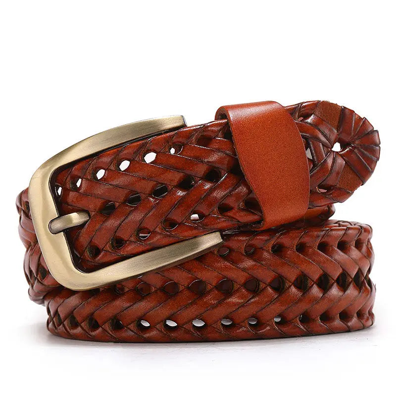 Men Genuine Leather Braided Belts Webbing High Quality Hand Vintage Belts for Men Gold Pin Buckle Casual for Jeans Strap HQ212 - Hiron Store