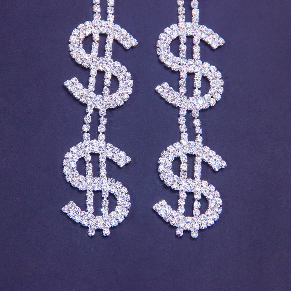 Long Dollar Earring Retro Jewelry Shiny Letter Rhinestone Earrings