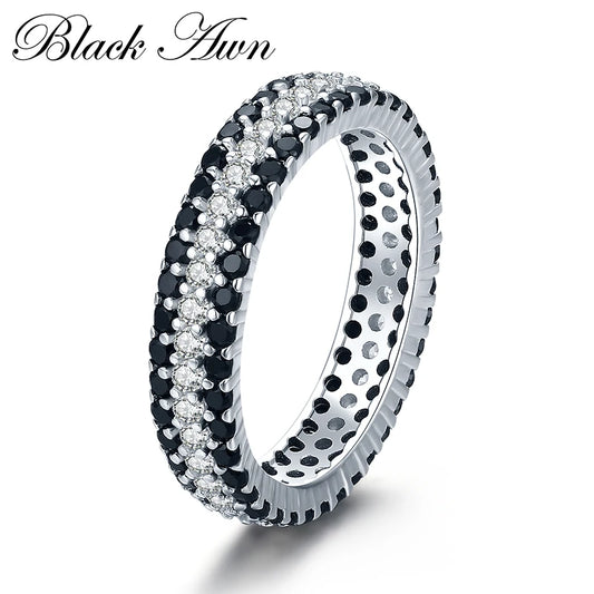 Classic Silver Color Jewelry Bague Round Black Spinel Engagement Rings