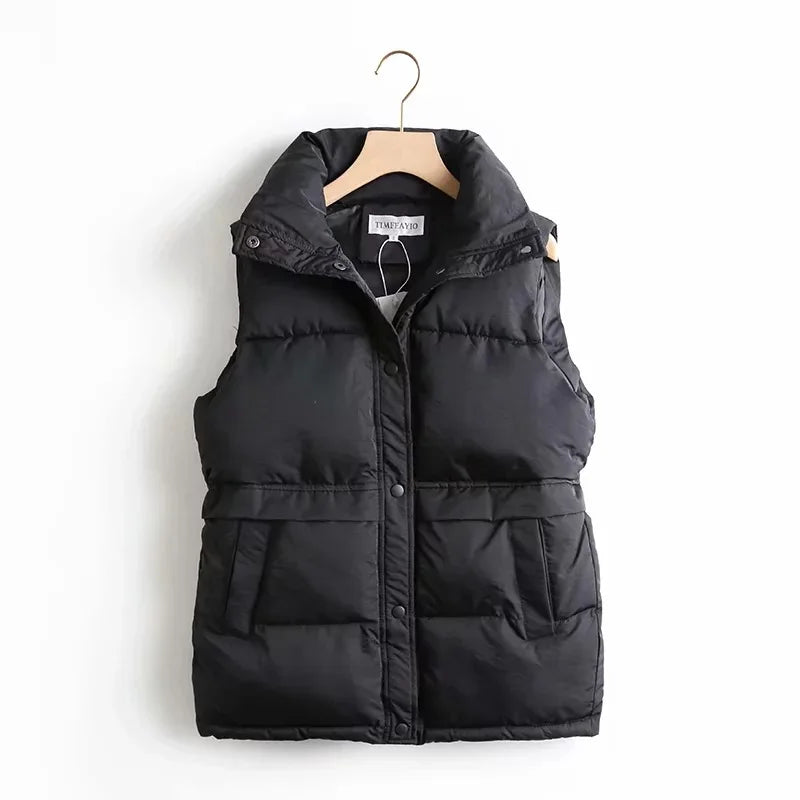 Winter Women Solid Loose Vest Drawstring Stand Collar Long Vest Jacket  Cotton Padded Windproof Warm Waistcoat