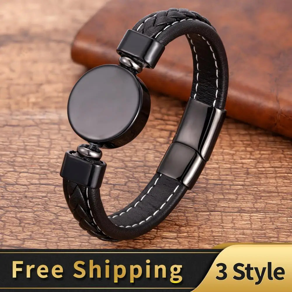 Charm Stone Bracelets Classic Black Weave Leather Rope Chain Natural Round Stone Bangles & Bracelet 2020 Fashion Men's Jewelry - Hiron Store