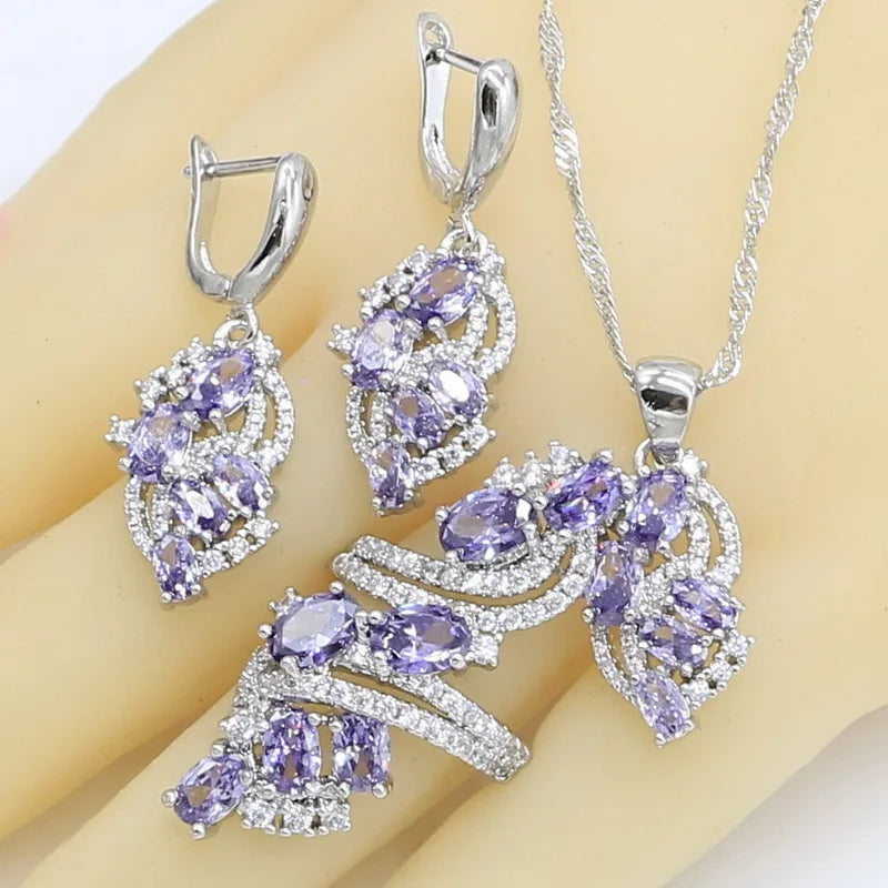 Dubai Jewelry Sets for Women Wedding Purple Amethyst Necklace Pendant Earrings Ring Bracelet Gift Box - Hiron Store