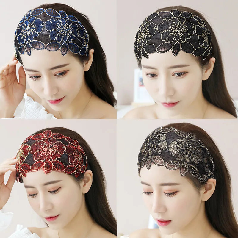 Lace Flowers Headband Women Hair Hoop belt Toothed Non-Slip Elastic Hairband Hair Accessories Hair belts