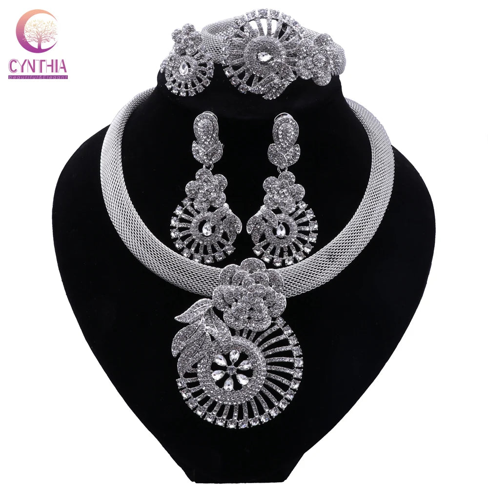 CYNTHIA Women Silver Plated Necklace Sets Crystal Earrings Ring Classic Wedding Flower Jewelry Set for Bride