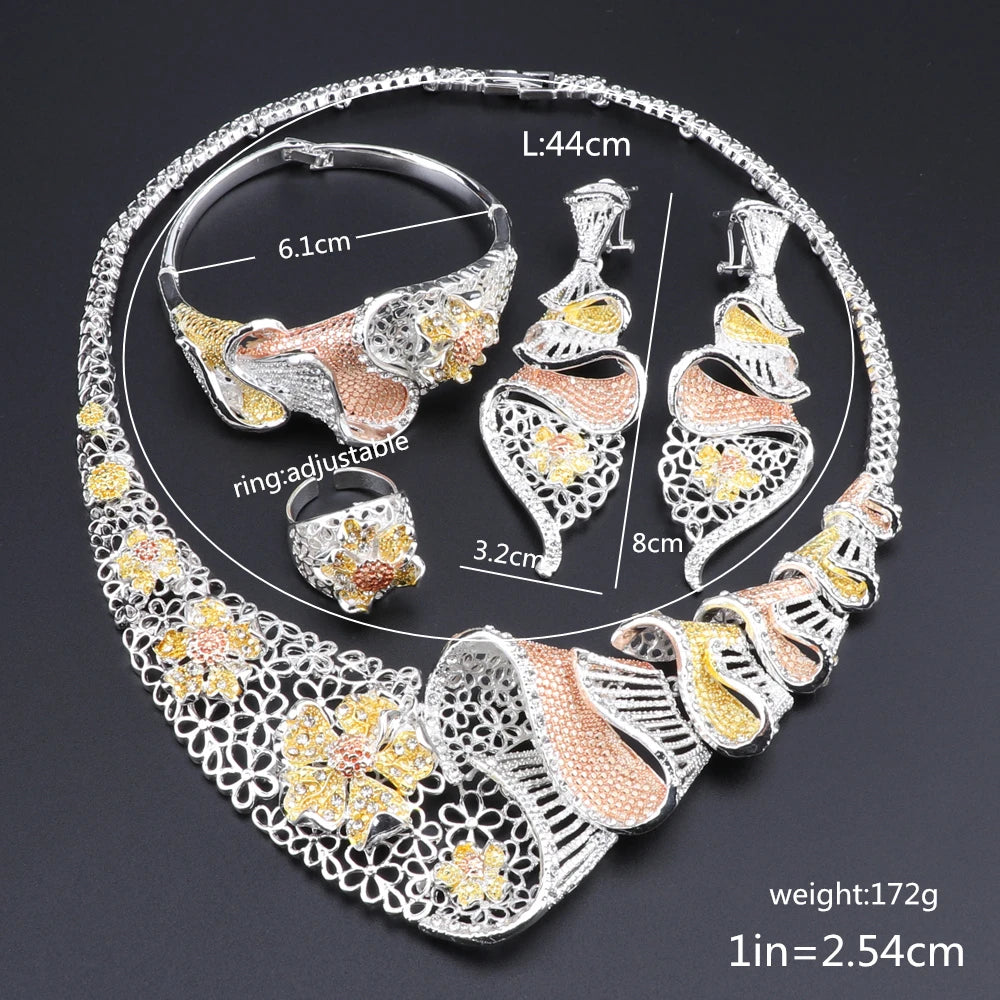 Bridal Jewelry Sets Dubai Silver Plated Crystal Necklace Bracelet Earrings Ring Set