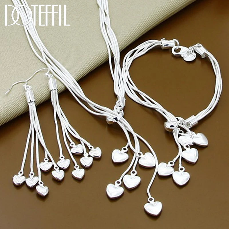 DOTEFFIL 925 Sterling Silver Heart Snake Chain Necklace Bracelet Earring Set For Woman Wedding Engagement Party Fashion Jewelry - Hiron Store